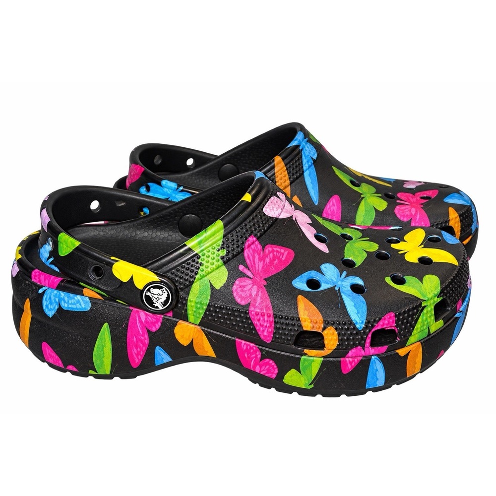 Crocs Women's Classic Platform Butterfly Graphic Clog Black Size 7 Women's